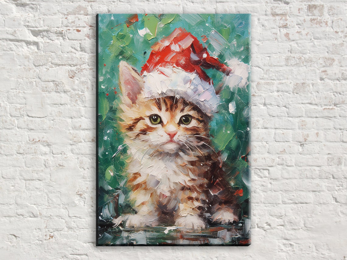 Cute Tabby Kitten In Santa Hat Painterly Christmas Cat Art Wall Poster