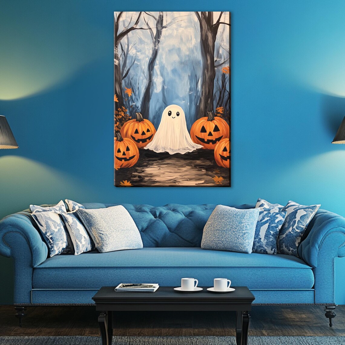 Adorable Ghost Among Glowing Jack O Lanterns In Foggy Halloween Woods Poster - Image 5