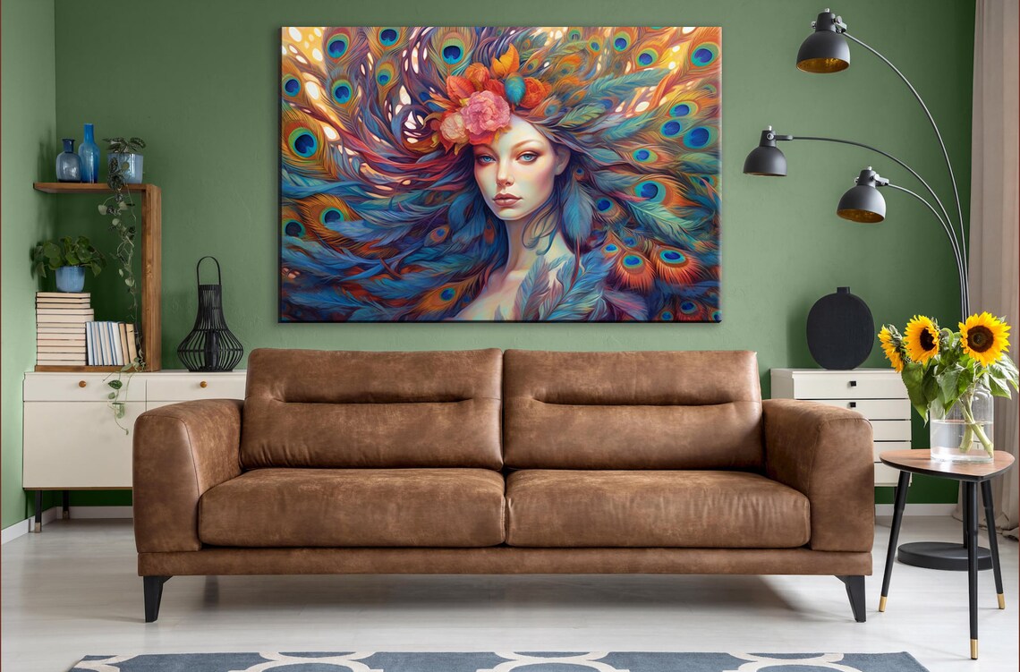 Peacock Feather Headdress Woman Portrait Copper Teal Art Poster - Image 2