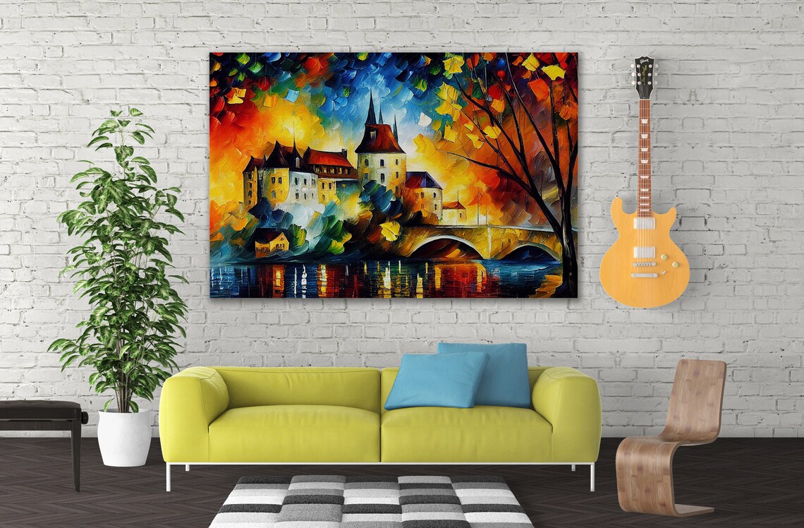 Old Town Castle Riverside Sunset Bridge Colorful Impasto Art Poster - Image 4