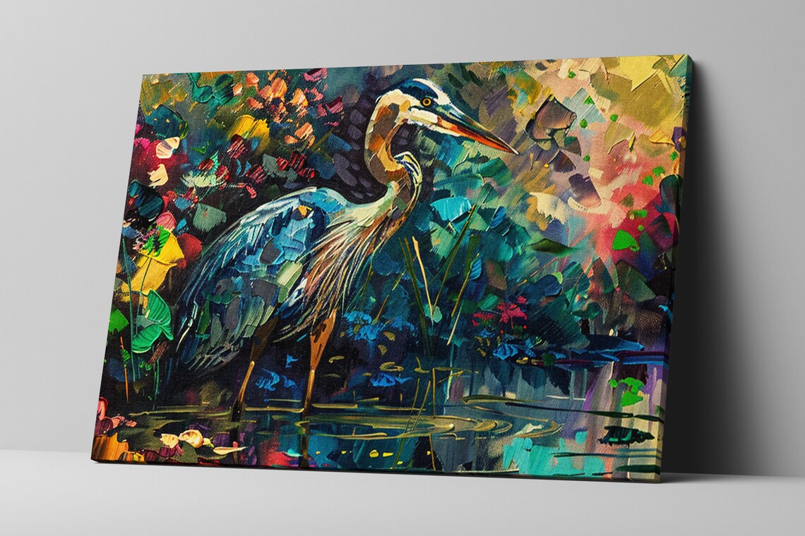 Colorful Blue Heron Vibrant Wetlands Oil Painting Impasto Art Poster - Image 5