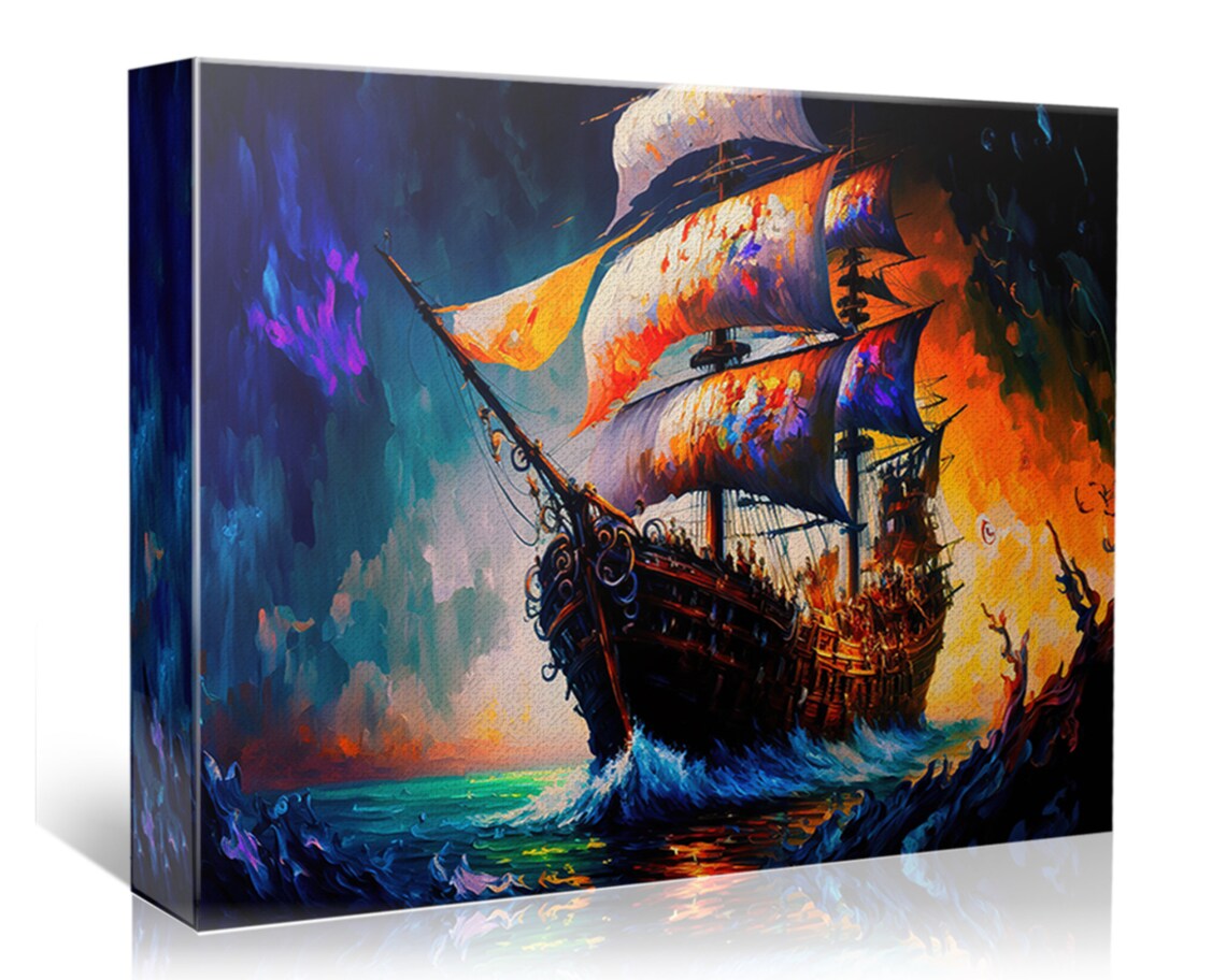 Haunted Pirate Ship Dark Waters Fiery Orange Sky Ghost Galleon Poster - Image 4
