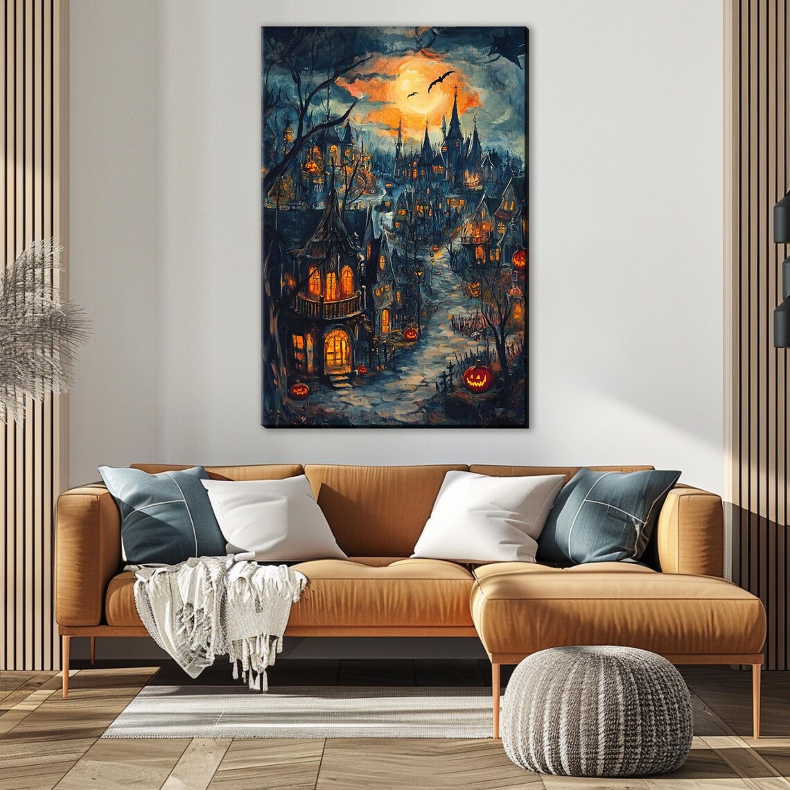 Spooky Gothic Halloween Town Full Moon Jack O Lanterns Night Street Poster