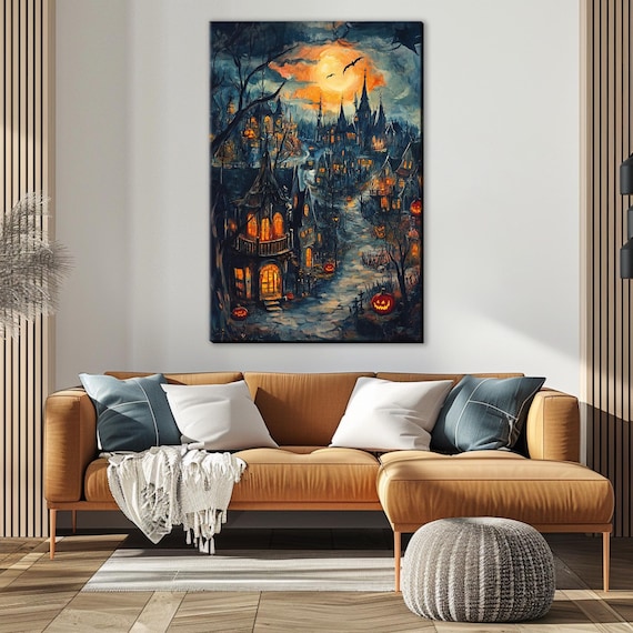 Spooky Gothic Halloween Town Full Moon Jack O Lanterns Night Street Poster