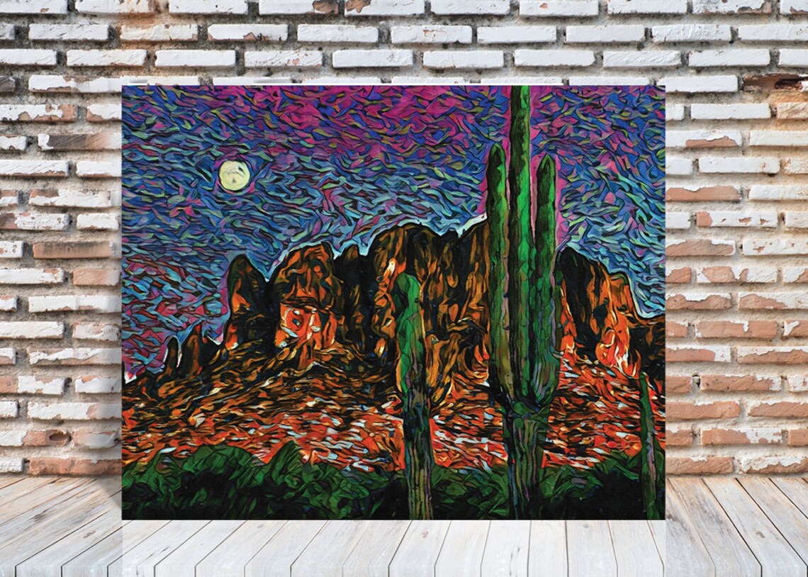 Arizona Desert Moonlit Saguaro Cactus Red Rock Mountains Art Poster - Image 4