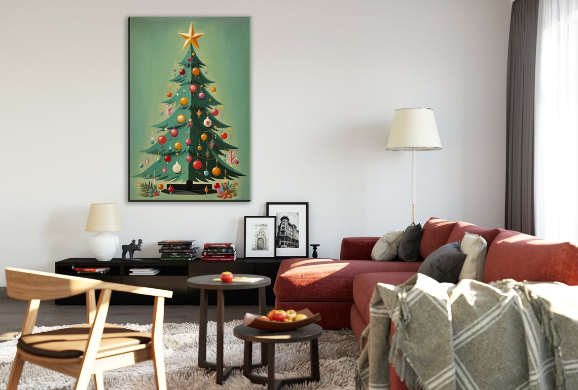 Mid Century Modern Christmas Tree Festive Round Ornaments Art Poster - Image 3