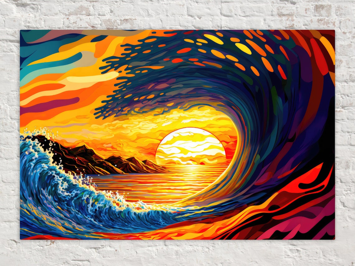 Ocean Wave Art Print Surf California Print Sunset Pipeline Painting Big Wave Colorful Artwork