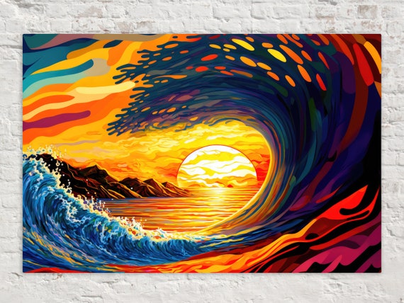 Ocean Wave Art Print Surf California Print Sunset Pipeline Painting Big Wave Colorful Artwork