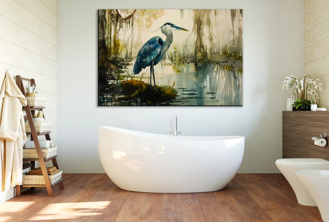 Blue Heron Cypress Swamp Watercolor Misty Reflections Art Poster - Image 3