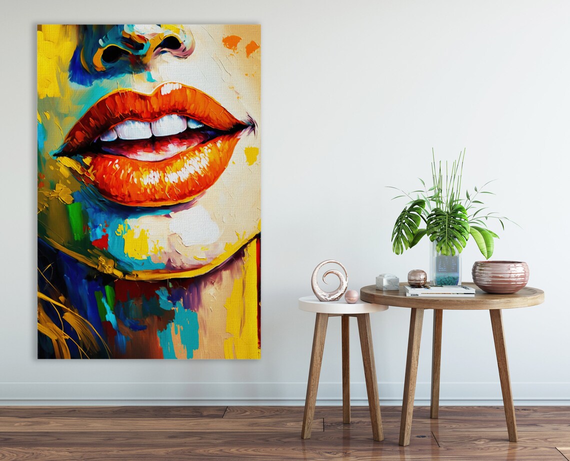 Red Lips Seductive Mouth Pop Art Feminine Colorful Oil Painting Large Wall Art Print - Image 2