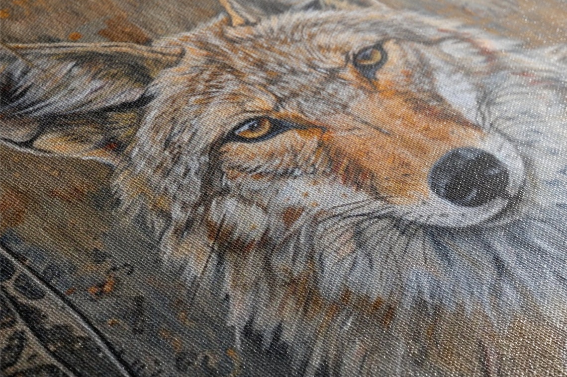 Coyote Close Up Portrait Weathered Wood Rustic Brown Tones Art Poster - Image 2