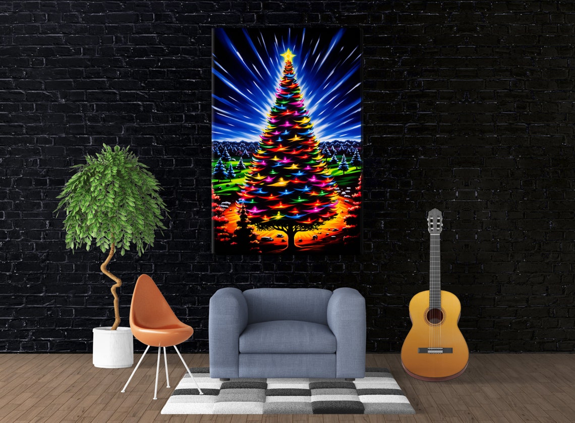 Vibrant Rainbow Lit Christmas Tree Night Sky Snowy Village Art Poster - Image 4