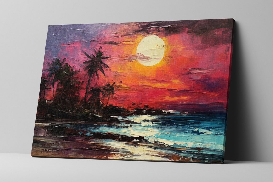 Tropical Moonlit Beach Palm Trees Pink Sunset Ocean Waves Poster - Image 5