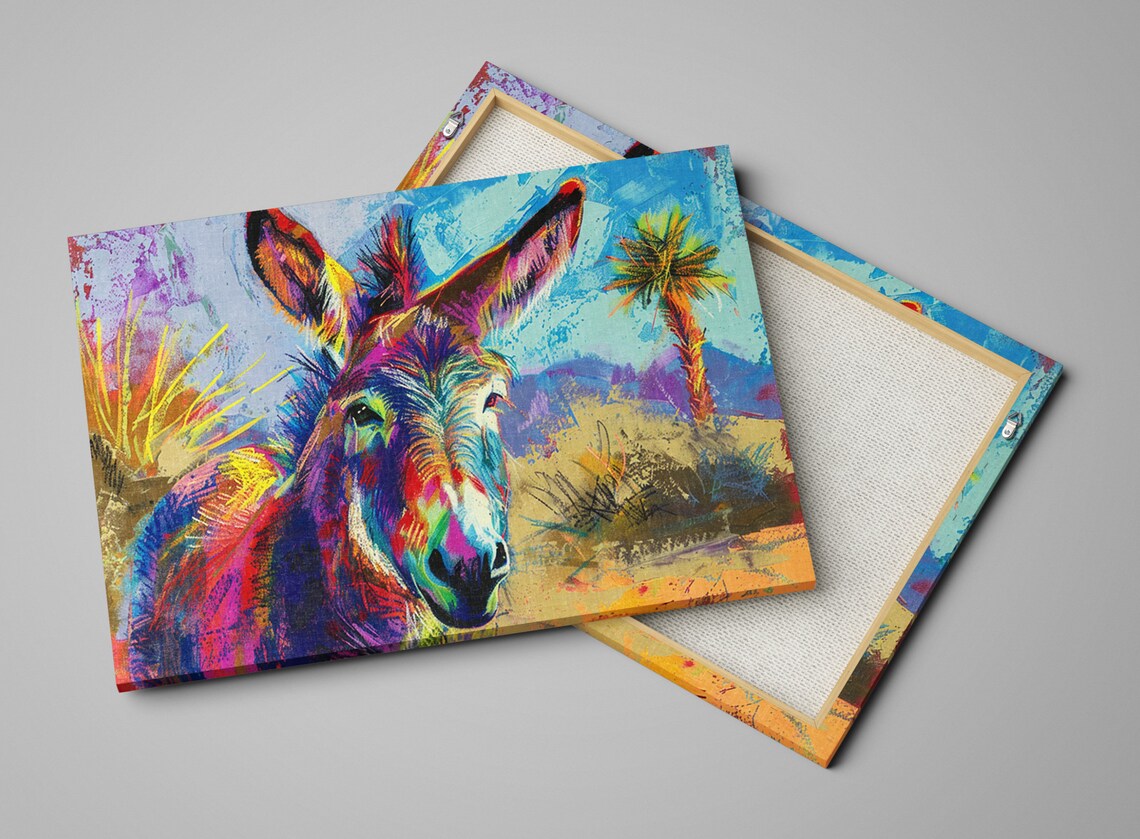 Playful Neon Donkey Face Desert Palm Rainbow Animal Wall Art Poster - Image 3