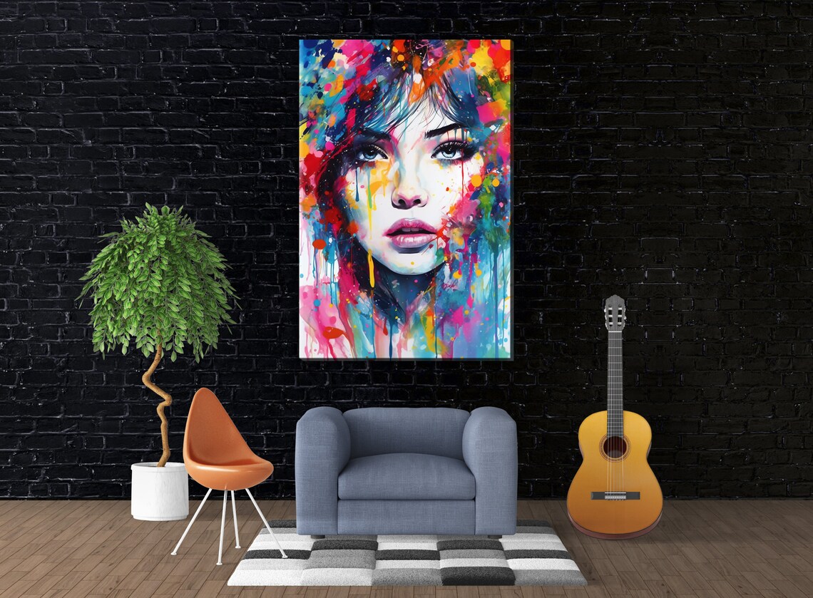 Woman Face Watercolor Portrait Colorful Paint Drips Art Poster - Image 3