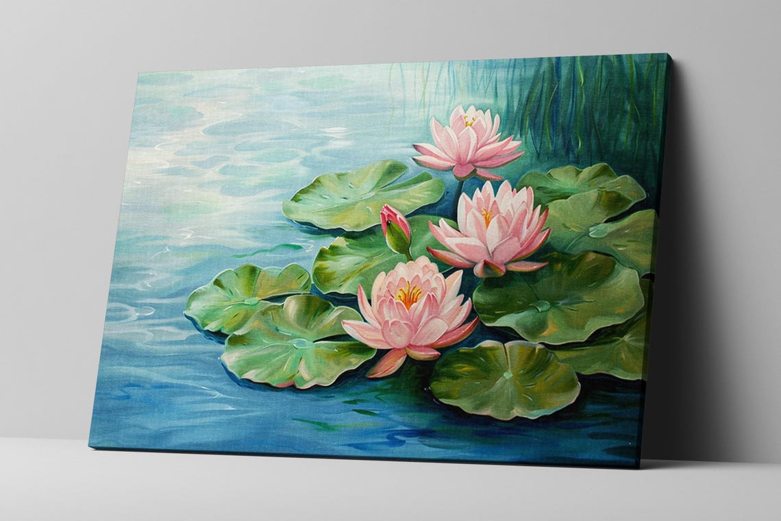 Pastel Pink Water Lilies Soft Lotus Blossoms Blue Pond Floral Print - Image 3