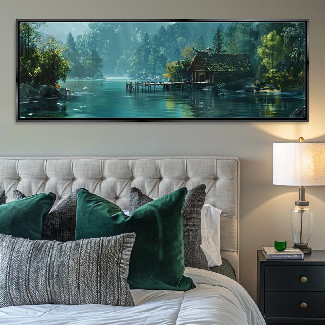 Panoramic Cozy Lakehouse Scene Cabin Decor Framed Unframed Long Horizontal Gallery Wrapped Ready To Hang Extra Large Wall Art - Image 3