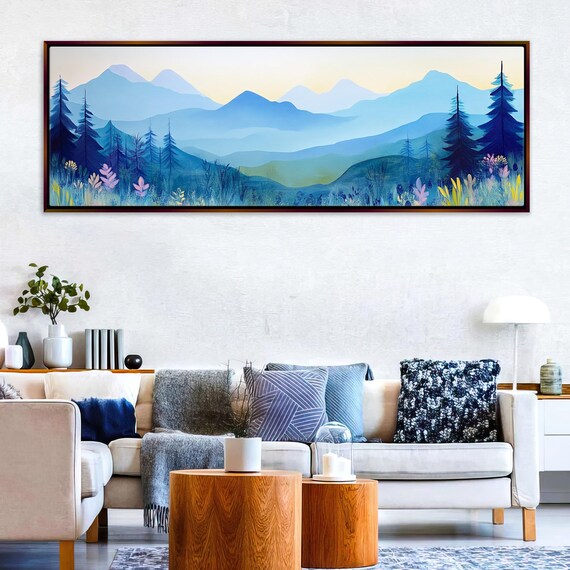 Panoramic Mid Century Boho Mountain Landscape Framed Unframed Long Horizontal Gallery Wrapped Ready To Hang Extra Large Wall Art