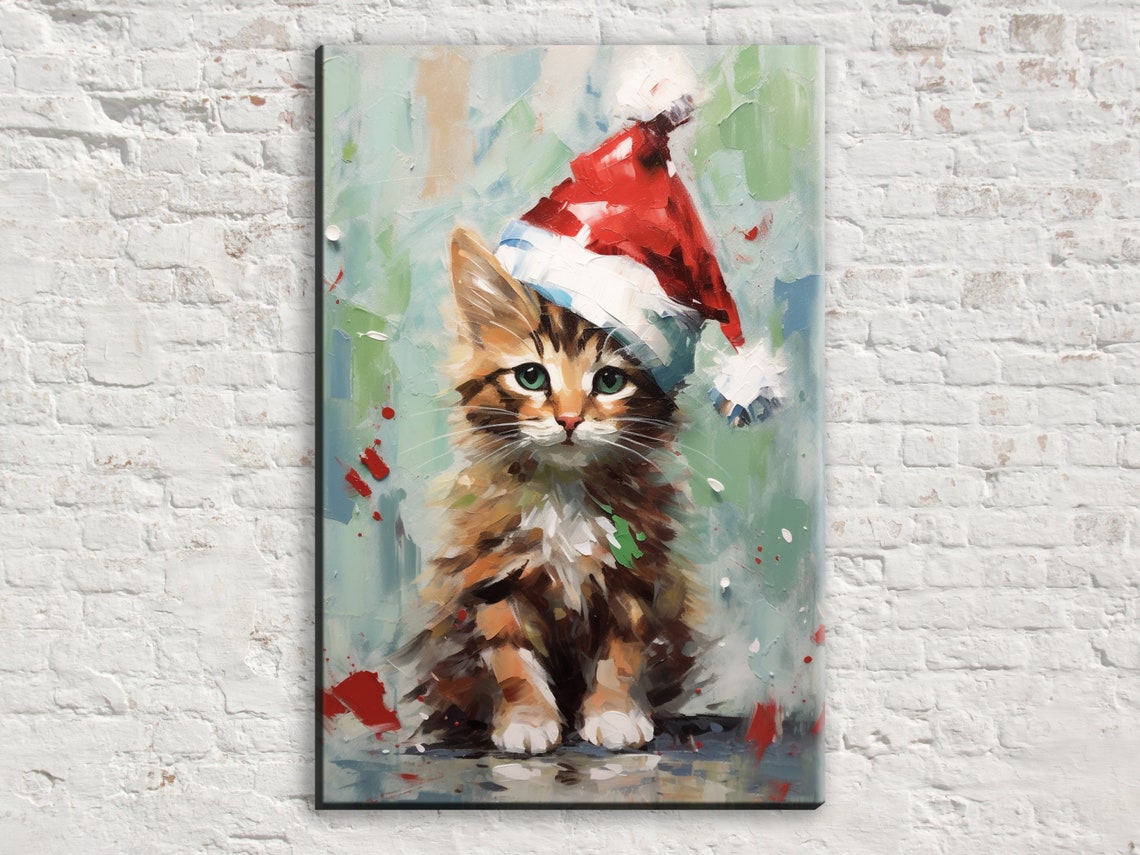 Sweet Tabby Kitten In Santa Hat Soft Christmas Cat Portrait Art Poster