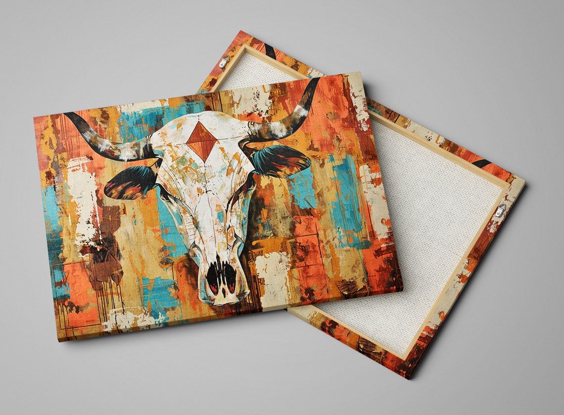 Rustic Texas Style Cow Skull Wall Art Gicle Print On Gallery Wrapped Artist Ready To Hang Available In Extra Large Sizes - Image 3