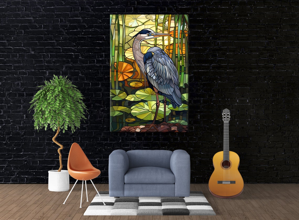 Blue Heron Stained Glass Marsh Lily Pads Leaded Glass Art Poster - Image 3