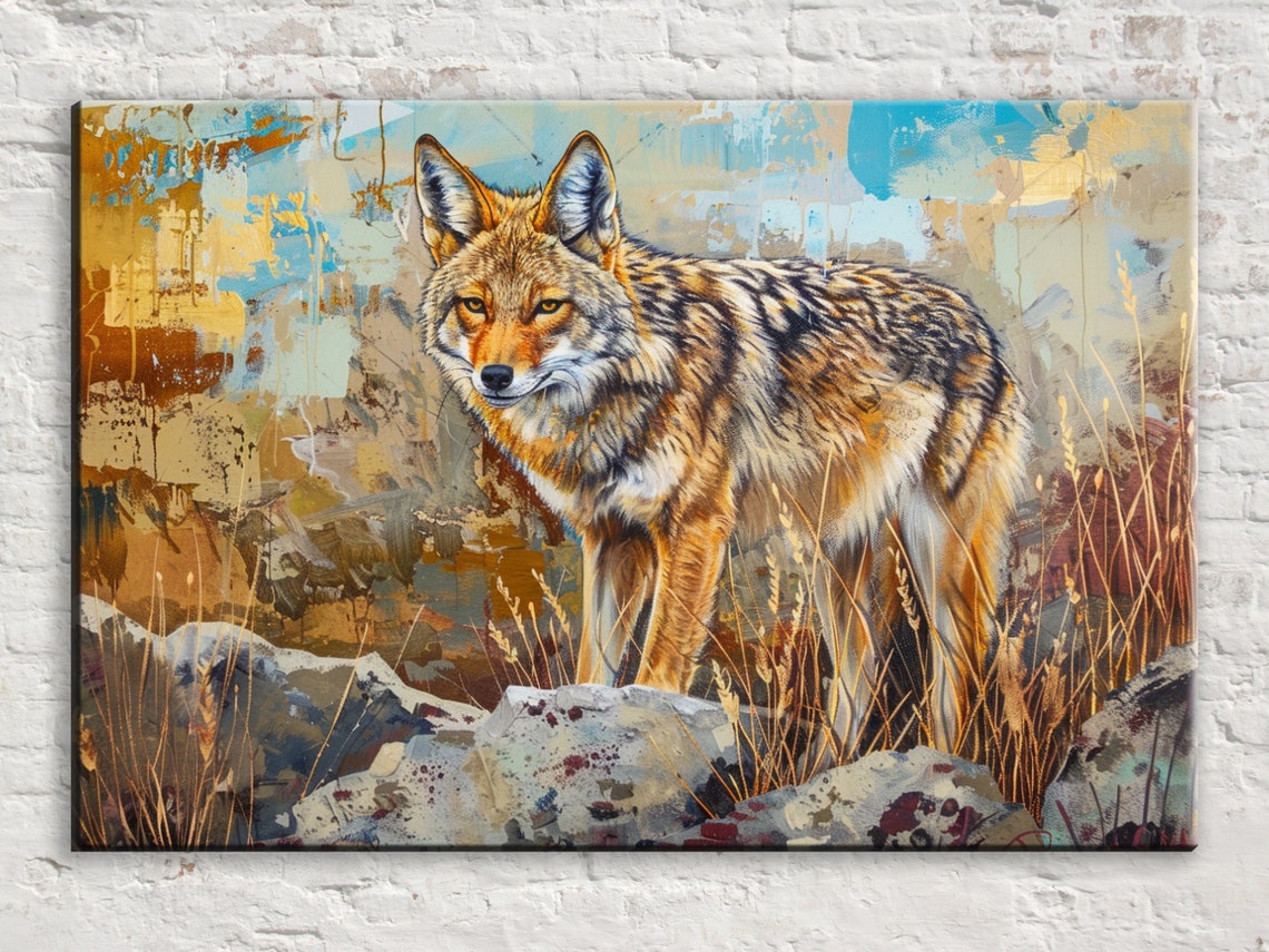 Coyote Standing in Rocky Grassland Rustic Southwest Wildlife Poster