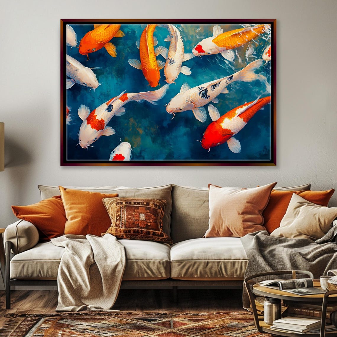 Koi Fish School Turquoise Water Colorful Orange White Art Print - Image 5