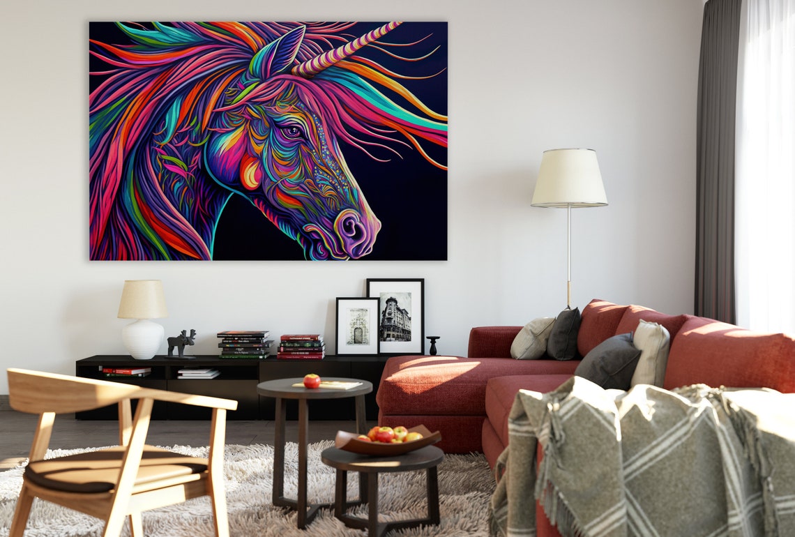 Neon Psychedelic Unicorn Head Dark Background Magical Horse Art Poster - Image 2