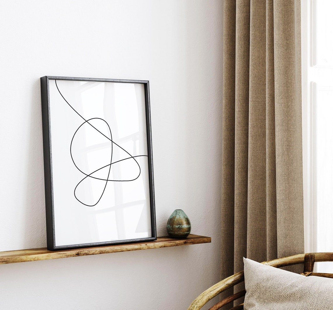 Minimalist Flowing Black Line Abstract Modern White Art Poster