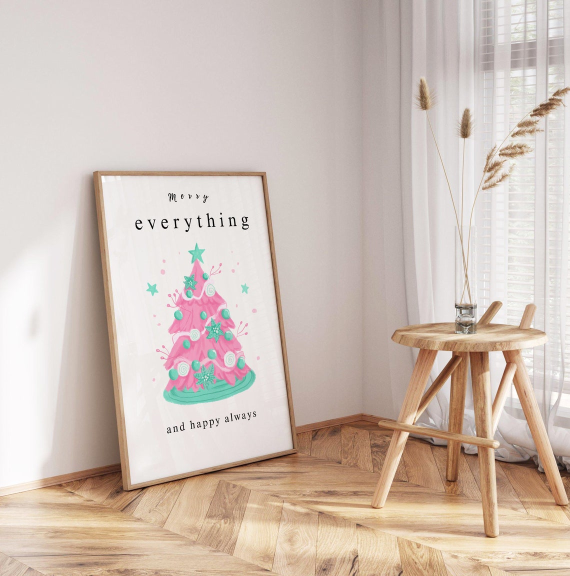 Pink Christmas Tree Merry Everything Holiday Quote Art Poster
