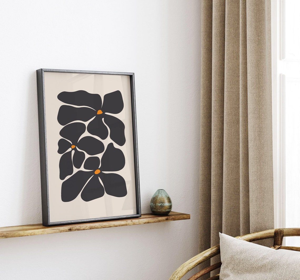 Black Abstract Flowers with Orange Centers Botanical Art Poster