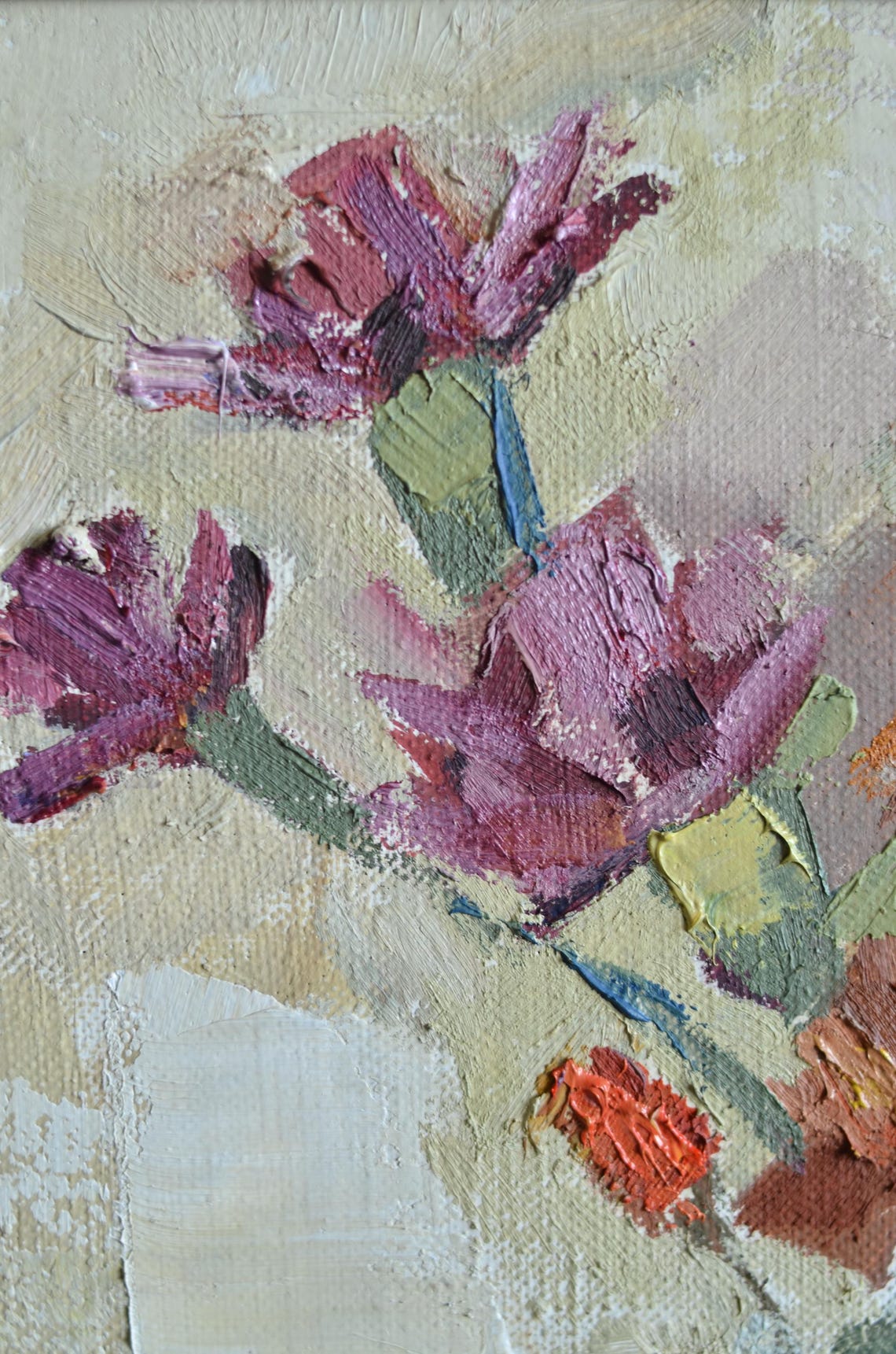 Original Floral Still Life Oil Painting On Canvas Colorful Bouquet Of Flowers In An Antique Vase On An Abstract Background One Of A Kind - Image 2