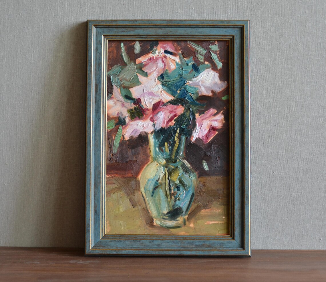 Original Floral Still Life Oil Painting Impressionistic Bouquet Of Pink And White Roses In A Glass Vase European Fine Art Framed Wall Art