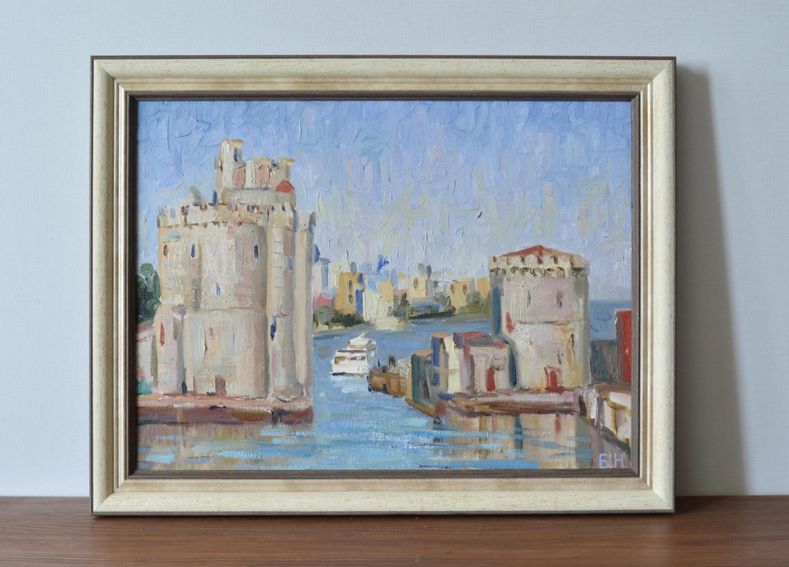 Original Framed Landscape Oil Painting On Canvas Urban French Landscape With The Port Of La Rochelle European Fine Art One Of A Kind - Image 4