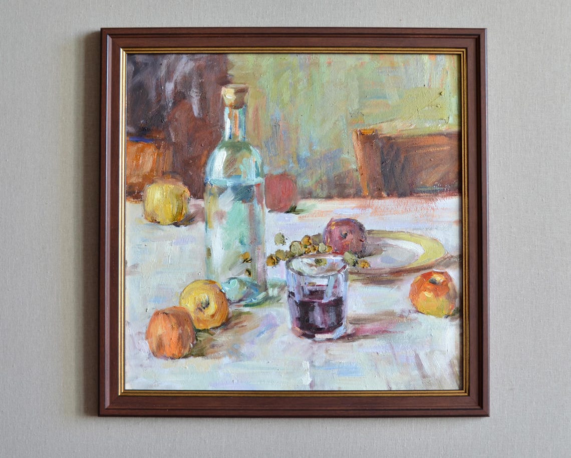 Wine Bottle With Red Wine Apples And Grapes Still Life Wall Art