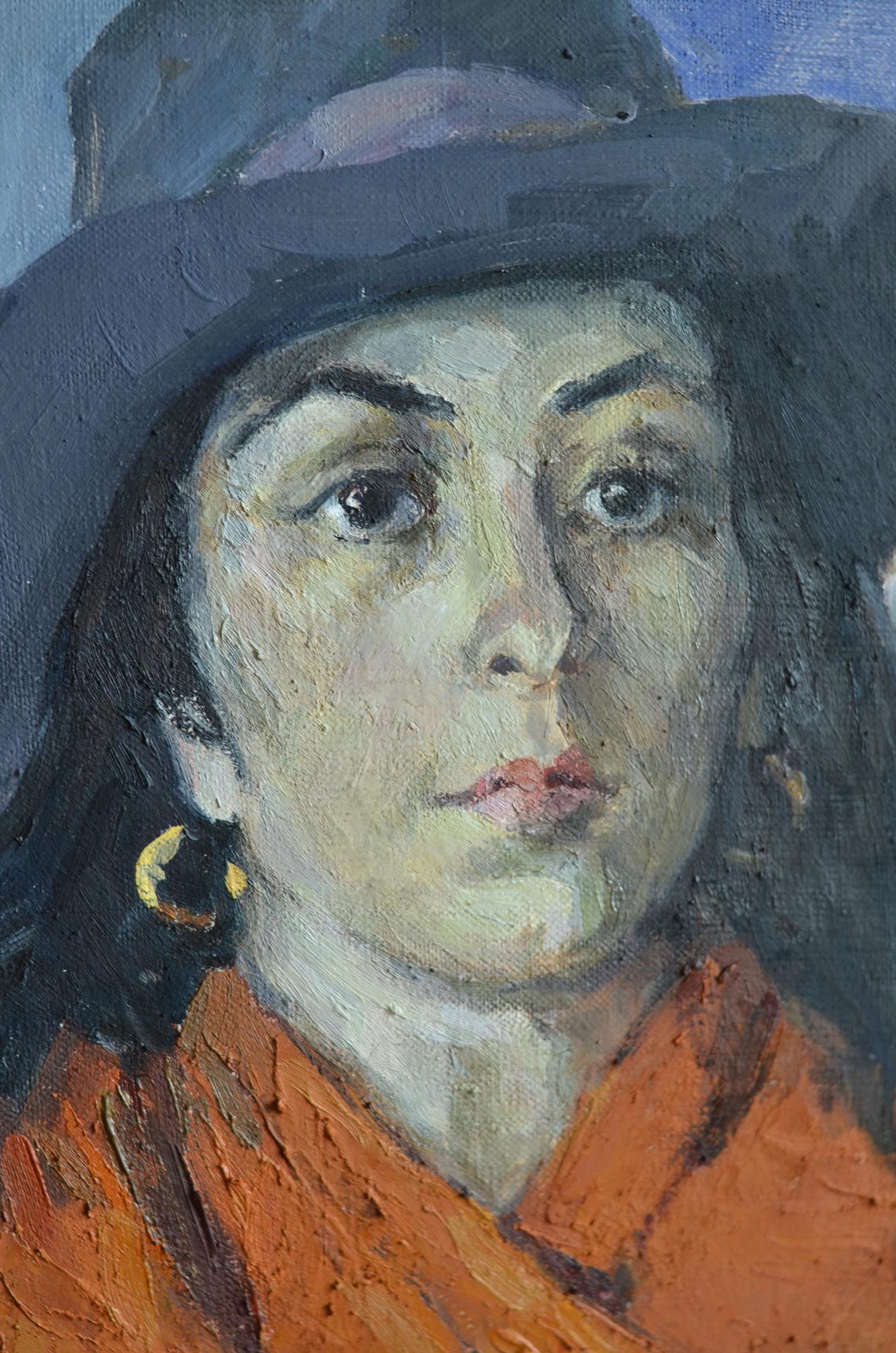 Woman In Dark Hat With Gold Earring And Orange Shawl Wall Art - Image 2