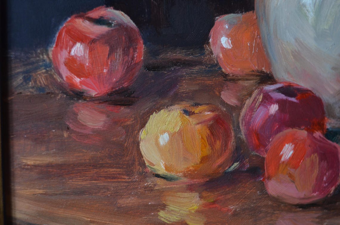 Dark Moody Still Life With White Jug And Colorful Apples Wall Art - Image 2