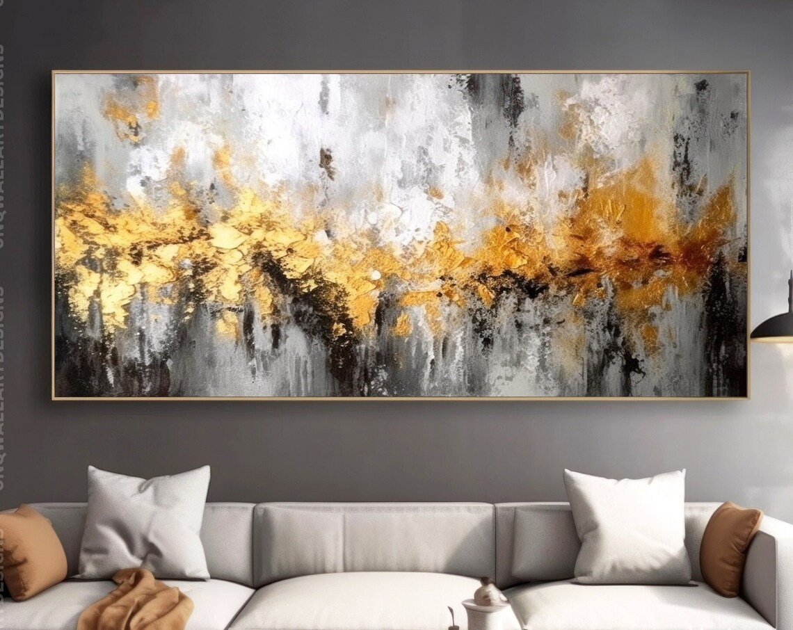 Abstract Modern Art Print, Grey Gold Foil Texture