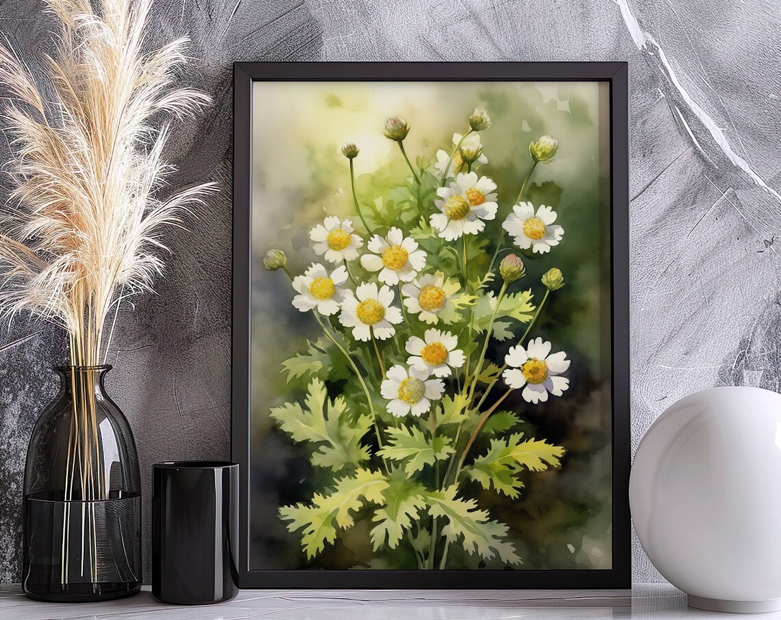 White Feverfew Daisy Watercolor Bouquet Delicate Flower Art Poster