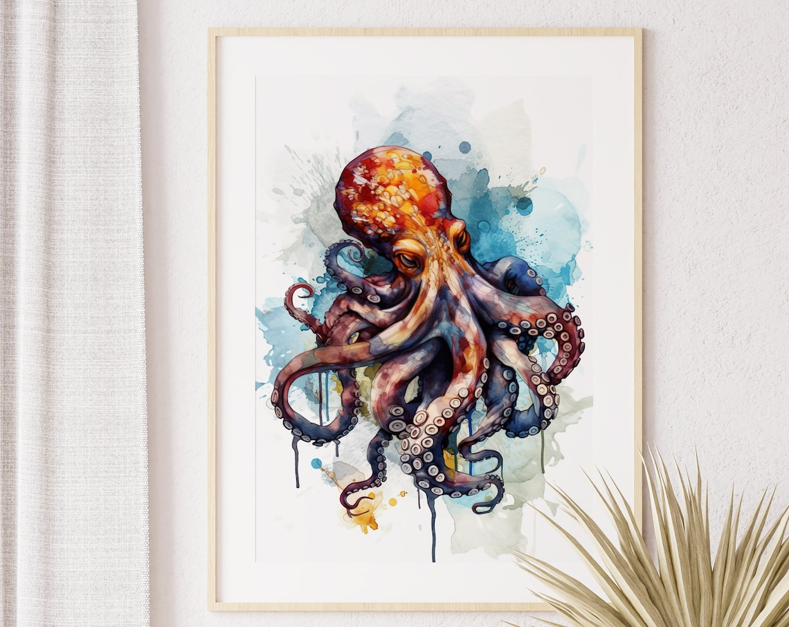 Octopus Colorful Watercolor Art Tentacles Sea Creature Splash Poster