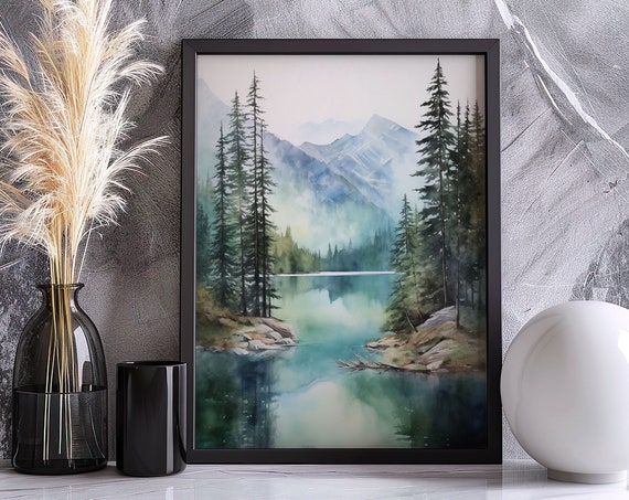 Lake Landscape Painting Wall Art Poster Gift Watercolor Colorful Painting Illustration Nature Minimalist Decor Farm House
