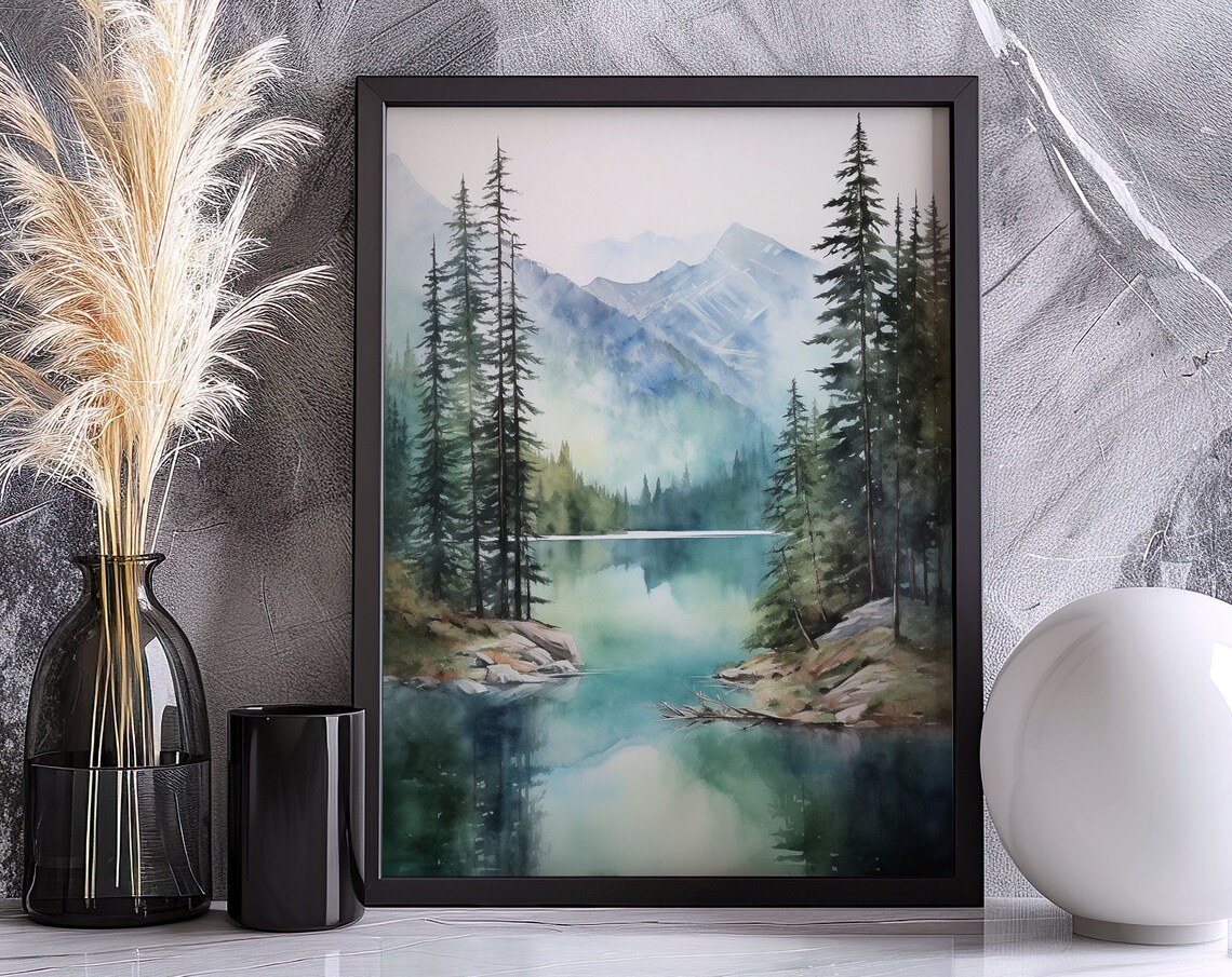 Misty Green Mountain Lake Pine Forest Reflections Watercolor Poster