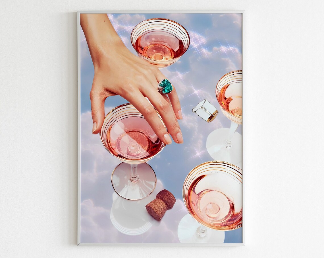 Pink Cocktail Coupe Glasses Emerald Ring Preppy Bar Cart Poster