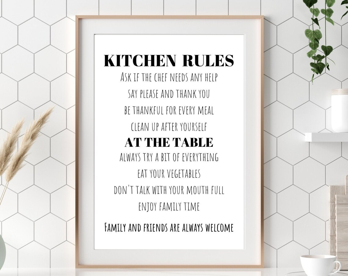 Kitchen Rules Family Sign Black White Typography Kitchen Wall Poster