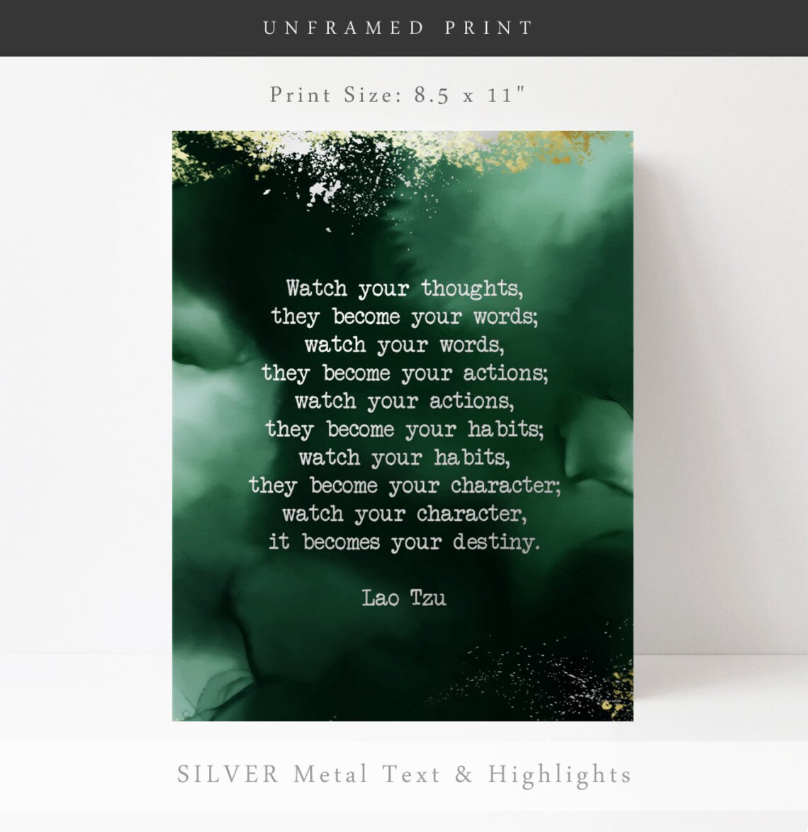 Lao Tzu Watch Your Thoughts Quote Green Watercolor Gold Foil Poster - Image 2