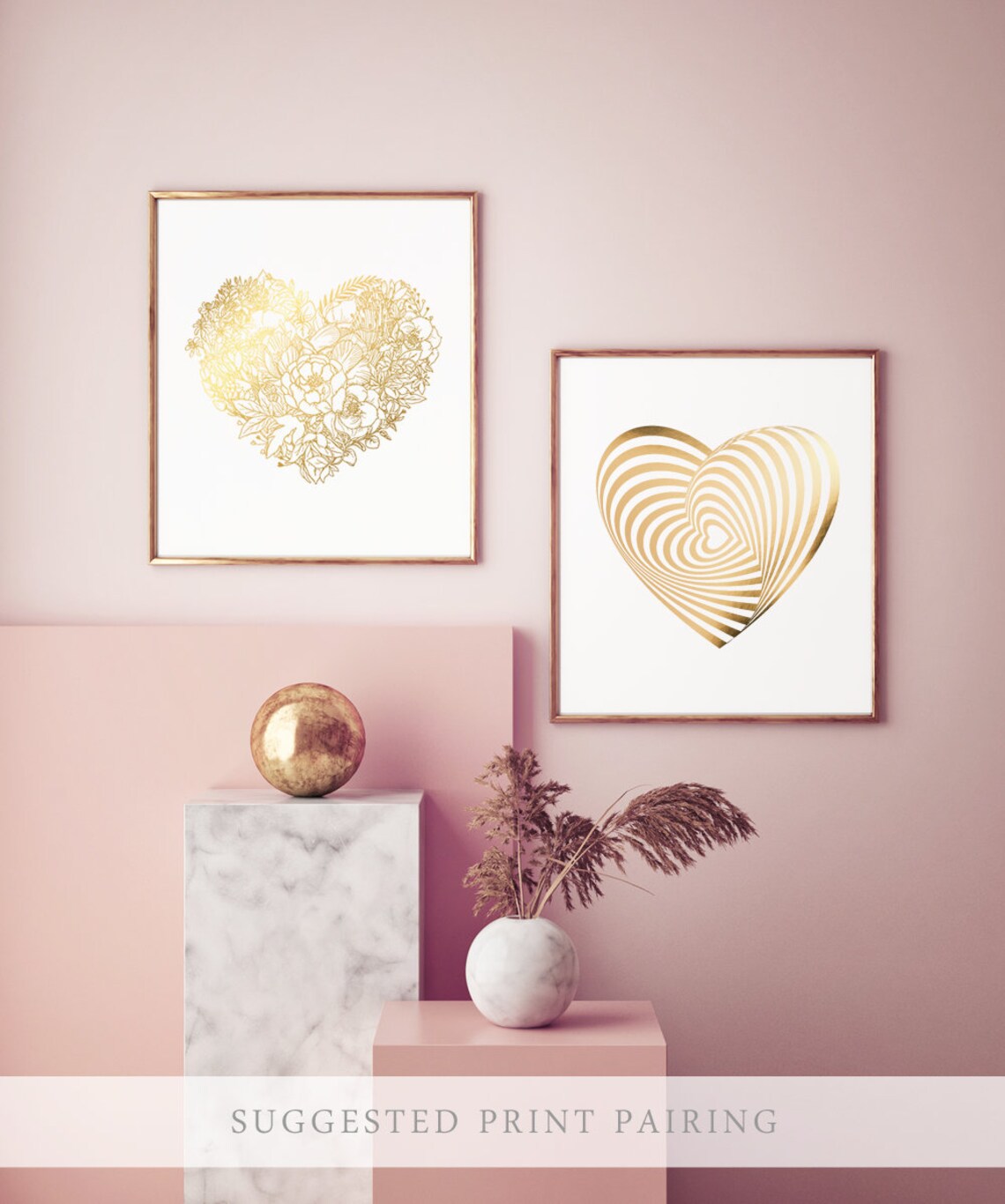 Gold Heart Foil Floral Art Print, Teen Glam Decor - Image 2