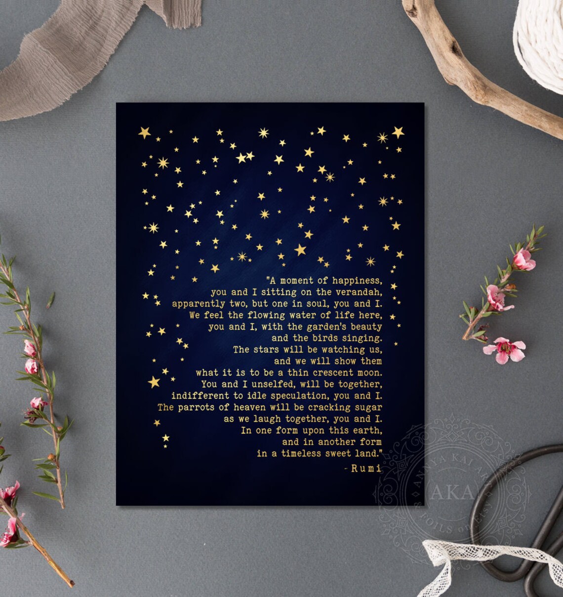 A Moment Of Happiness Rumi Love Poem Gold Foil Starry Night Wall Print - Image 3