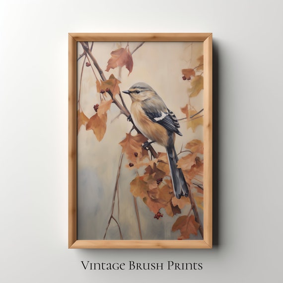 Vintage Bird Oil Painting Rustic Autumn Wall Art