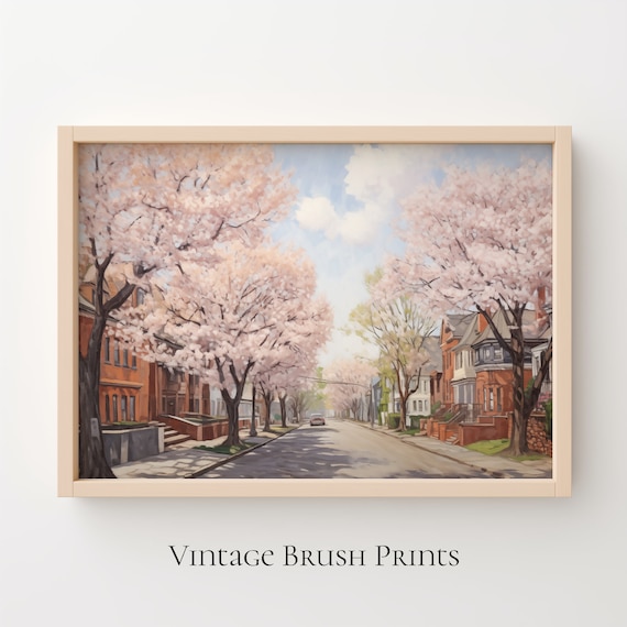 Cherry Blossom Town Street Pink Spring Vintage Painting Poster