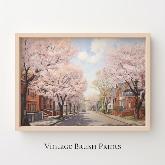 Vintage Spring Town Art Print Cherry Blossom Street